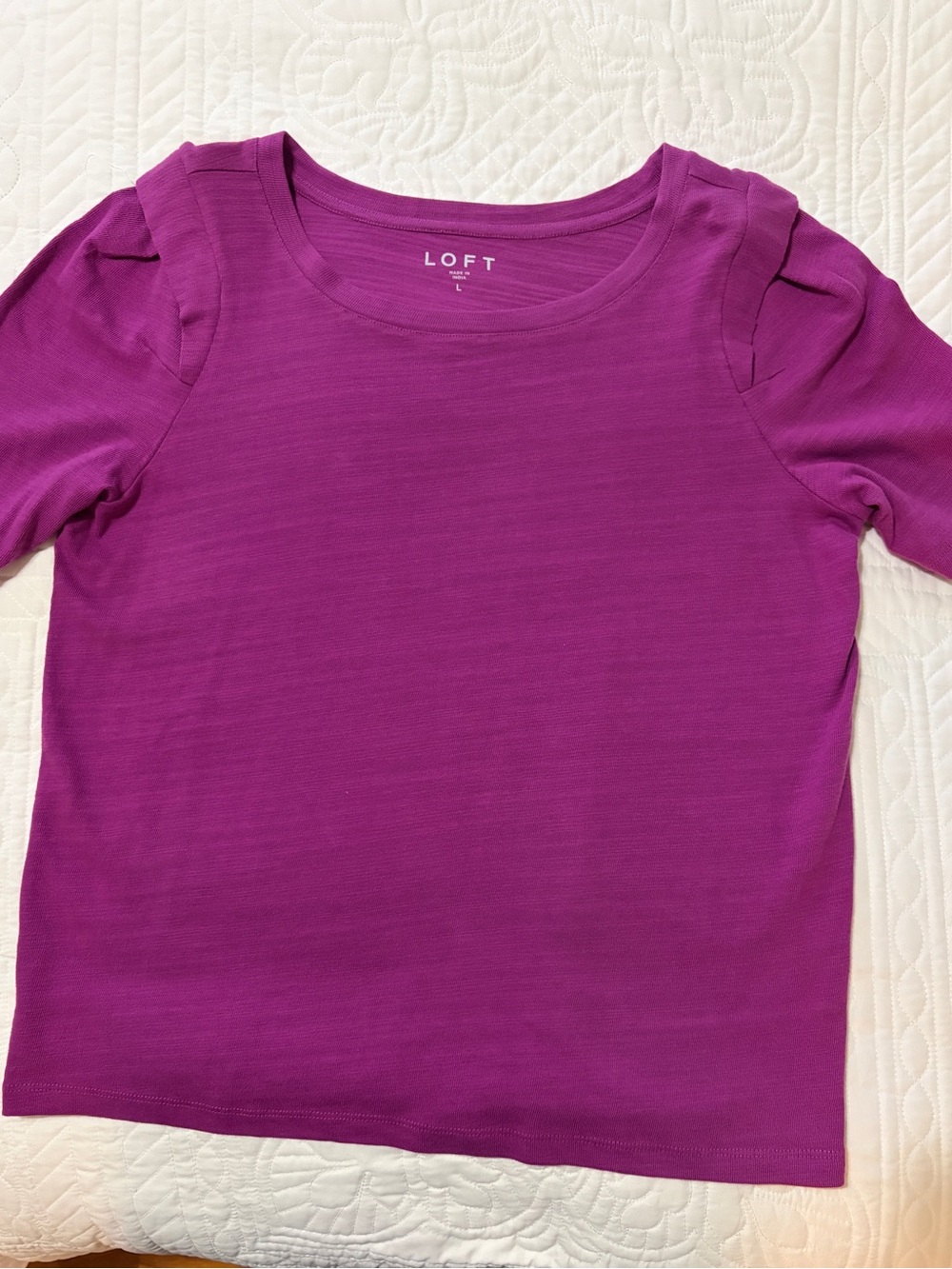 LOFT Bright Magenta Puff-Sleeve Crewneck Top
